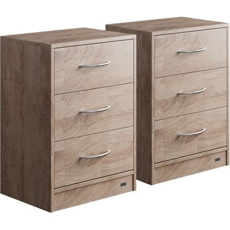 Lot de 2 Tables de chevet (de nuit) Moderne couleur chêne 54 x 39 x 28cm 3 grands tiroirs (1/5)