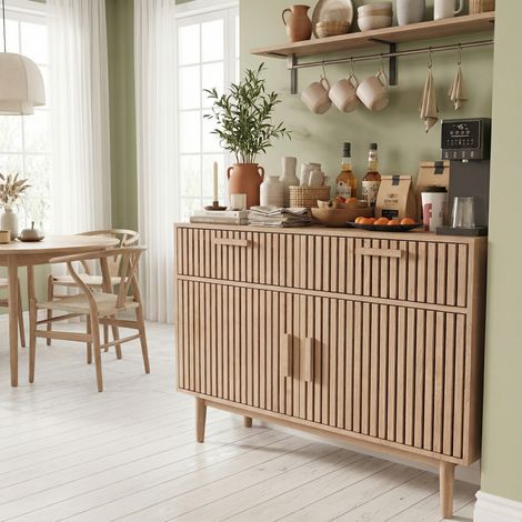 Cassettiera 100, 2 ante e 2 cassetti, madia 100, cassettiera per camera da letto, design a doghe verticali, mobile contenitore per soggiorno/sala da pranzo, scandinavo(100×35×80cm, Rovere chiaro)