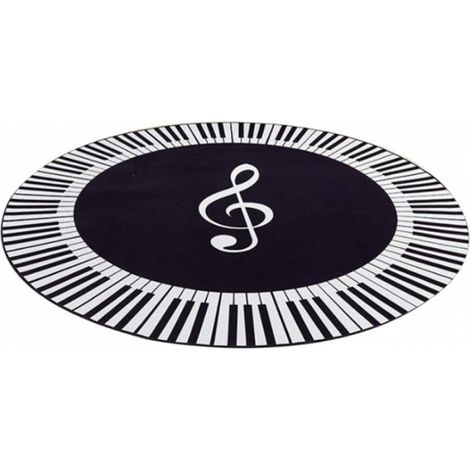 Tapis d'intérieur moderne super doux, blanc, notation musicale, touches de piano, tapis rond noir (80x80cm) (1/3)