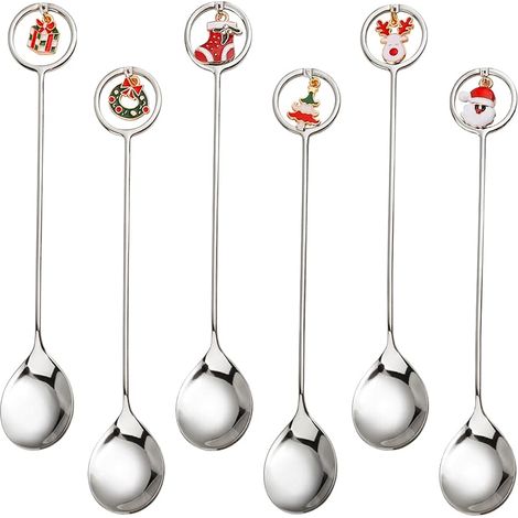 Set mit 6 Edelstahl-Weihnachtsteelöffeln mit Weihnachtsanhänger, Geschenkverpackung für Bar, Café, Küche, Tischdekoration (A) (1/5)