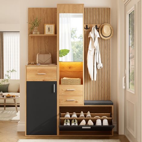 Modernluxe - Ensemble vestiaire d'entrée - Meuble à chaussures et banc - Avec miroir et crochets - Avec LED et 3 tiroirs - Noir et naturel (1/5)