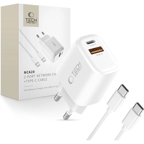 Tech-Protect NCA20 PD 20W QC3.0 USB-A/USB-C-Wandladegerät + USB-C/USB-C-Kabel 100 cm – Weiß