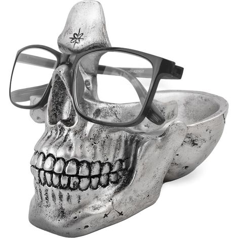 Monture de lunettes fantaisie en forme de tête de mort avec plateau de rangement pour table de chevet. sculpture en résine. décoration pour la maison ou le bureau (argenté) (1/4)