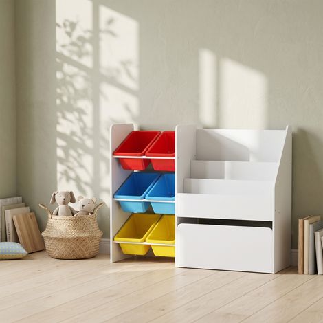 Meuble rangement enfant rangement jouets enfant 6 bacs amovibles et grand coffre à roulettes 100x30x80cm multicolore (1/5)