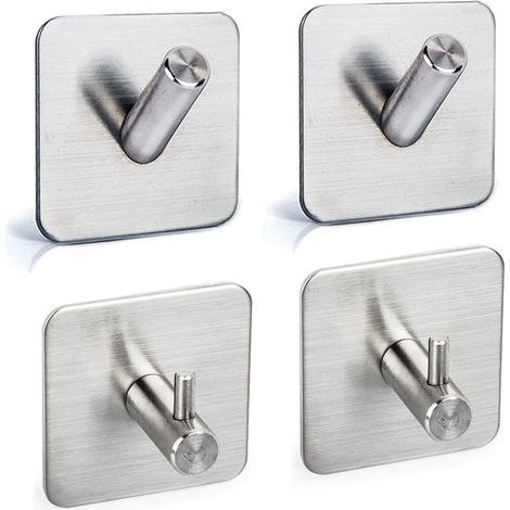 Hook Acier Inoxydable 304 - Fixation Sans Perçage Adhésif 3M - Pour Cuisine Salle De Bain Porte Armoire - Lot De 4 (1/4)
