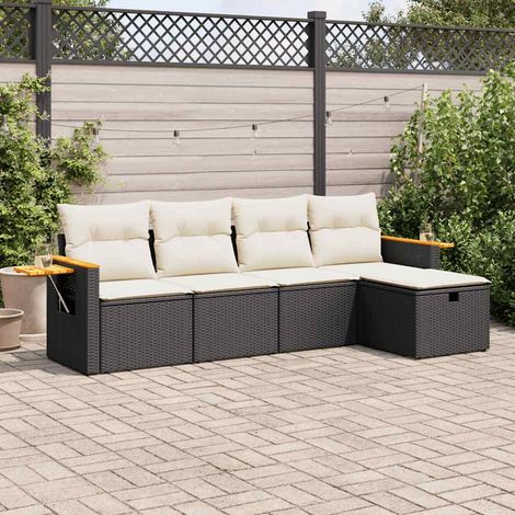 [Ensemble de Jardin] Salon 5 Places Noir Résine Tressée avec Coussins Crème - Stockage Intégré (1/4)