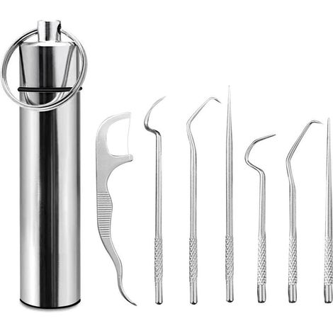 Ensemble de 7 cure-dents en métal, cure-dents portables en acier inoxydable, ensemble d'outils de nettoyage buccal et dentaire, blanc (1/3)