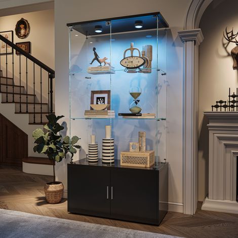 Vitrine en Verre, Transparent vitrine de collection avec lampe et Espace de rangement caché - 4 Couche - Noir