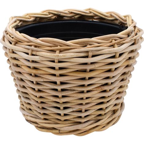 Spetebo – Pot de fleurs en rotin avec insert plastique – Dimensions 33 x 24 cm – Couleur gris et noir – Pour décoration intérieure et extérieure