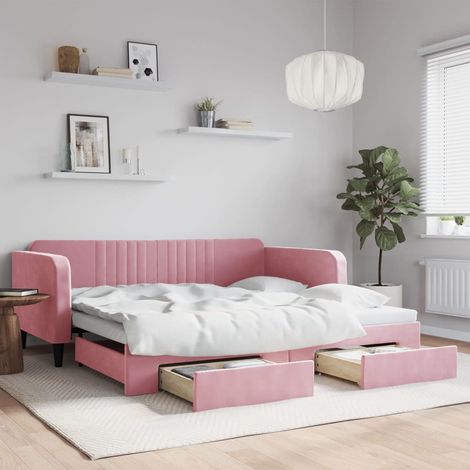 Lit de jour avec gigogne et tiroirs-Canapé-lit avec Rangement rose 100x200 cm velours 359047 (1/5)