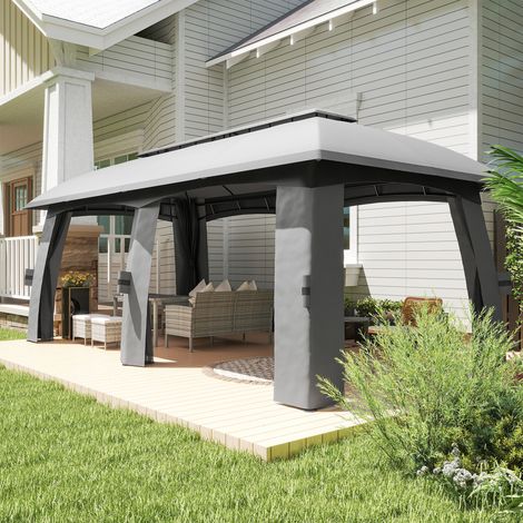 Outsunny Pavillon, Partyzelt, mit Fliegennetzen, Winddach, bis 15 Personen, dunkelgrau, 3 x 6 x 3 m (1/5)