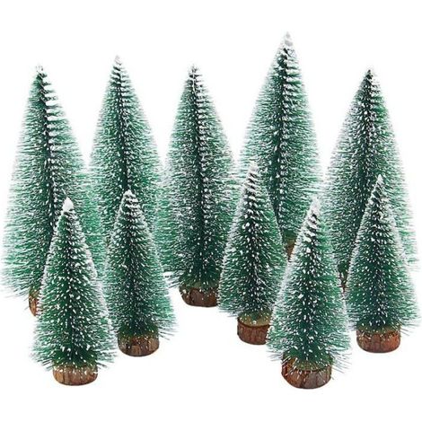 Mini-Weihnachtsbäume (künstlich) – 10 Stück – Holzsockel – 10 cm und 15 cm – Schneeeffekt – Strapazierfähiges PVC (1/5)