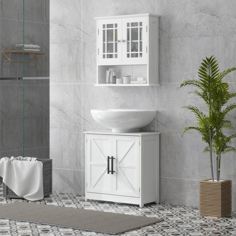 Meuble vasque blanc 60x30x60 cm avec 2 portes coulissantes aimantées style grange et étagères intégrées, rangement sous lavabo (1/5)