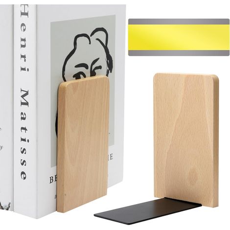 2 Pièces Serre Livre Bois avec 1 Marque-Page, Serre Livres Bois de Hêtre pour Livres CD Disques, Lourds Serre-Livres, Bloc Livre pour Etagère pour Maison, Bureau, Bibliothèque (1/5)