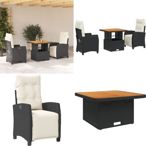 Ensemble à manger de jardin avec coussins 3 pcs Noir - Ensemble Salon De Jardin - Meuble De Jardin - Table Extensible - Chaises Pliantes - Résine Tressée - Home & Living