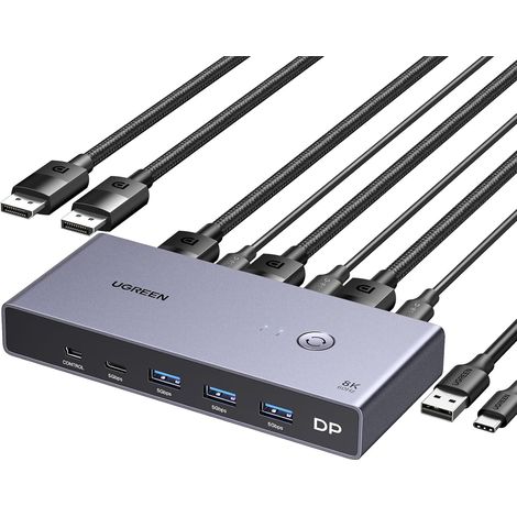 Switch KVM Displayport 1.4 8K 60Hz 2 Entrées 1 Sortie Commutateur 4K 240Hz USB C 3 USB A pour Clavier Souris Disque Dur Imprimante Moniteur avec Contrôleur de Bureau 2 Câbles DP 1M (1/5)
