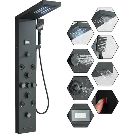 LED Colonne de douche Hydromassante Noir en Acier Inoxydable,Panneau de douche 6 fonctions avec 8 jets de massage,2 modes de jets de massage et Douche Cascade et Affichage LCD Ensemble de Douche Multi