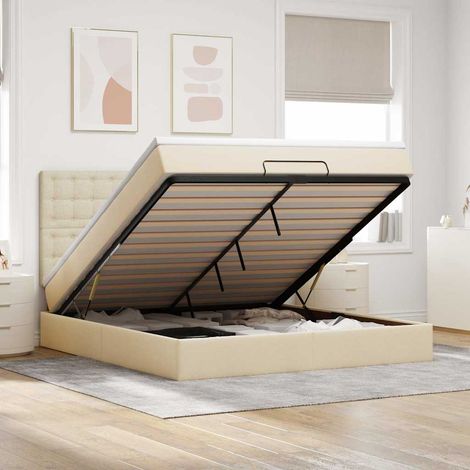 Estructura de cama otomana con colchón tela crema 160x200cm