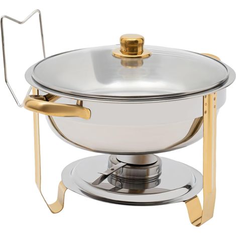 Chafing Dish 5L Runder Edelstahl Warmhaltebehälter ø302x(H) 225mm Speisenwärmer mit Glasdeckel für Catering Buffet Party (Gold)