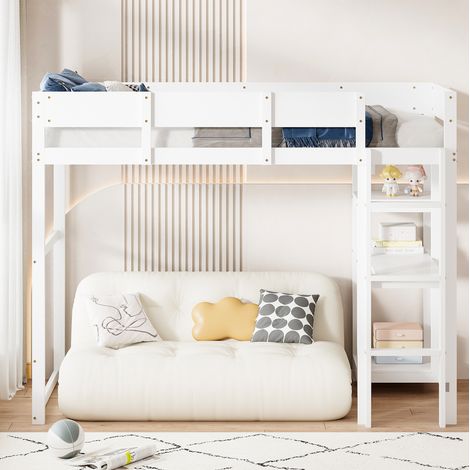 Hochbett 90 x 200 cm bianco in legno con ripiano e sponde (1/5)