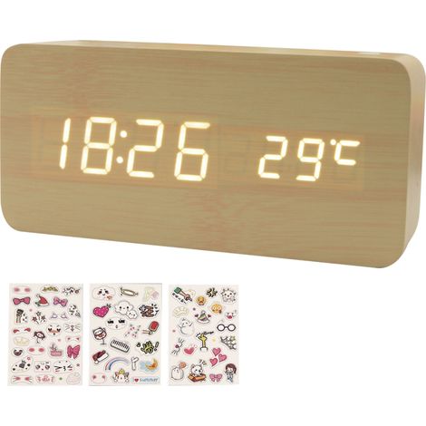 Digitaler Wecker aus Holz, 8 Helligkeitsstufen, LED-Anzeige für Uhrzeit/Datum/Temperatur, Lautstärkeregelung, Wochentags-/Wochenendmodus (Schlafzimmer, Nachttisch, Büro)