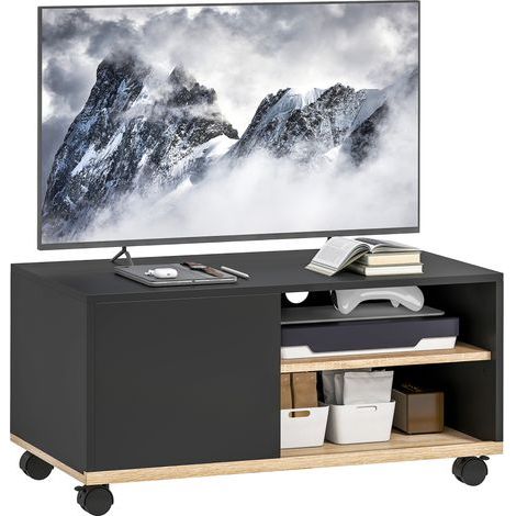 Meuble TV sur roulettes avec 2 Freins - 2 niches + Placard Porte 2 Passe-Fil - en bois Noir chêne Clair (1/5)