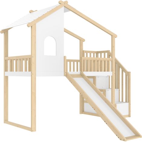 Cama alta infantil 90 x 200 cm con tobogán, escalera de almacenaje, natural blanco (1/5)