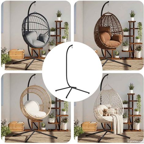 Support pour fauteuil suspendu œuf, cadre en acier noir, 104 x 100 x 197 cm, 150 kg - PANGIVO (1/5)