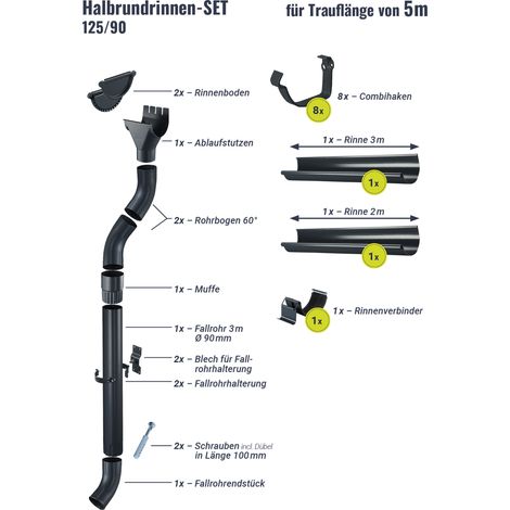 Regenrinnen-Set 5,00 m 125/90 Anthrazit Combihaken