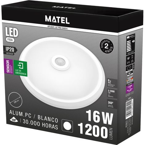 Aplique led redondo sensor ip20 matel emergencia 16w fría (1/3)