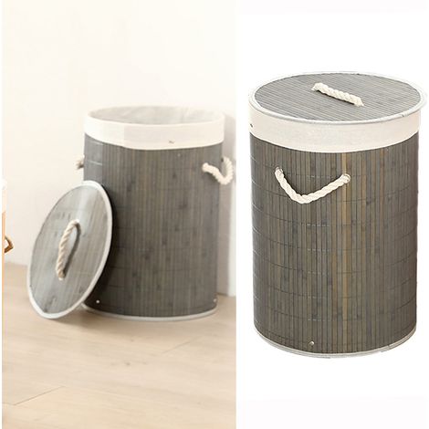 Seau de rangement pliable en bambou, panier à linge, bac à vêtements sales, rangement avec couvercle, deux couleurs, rangement pour jouets, bac à vêtements sales rond gris 1.0 (1/5)
