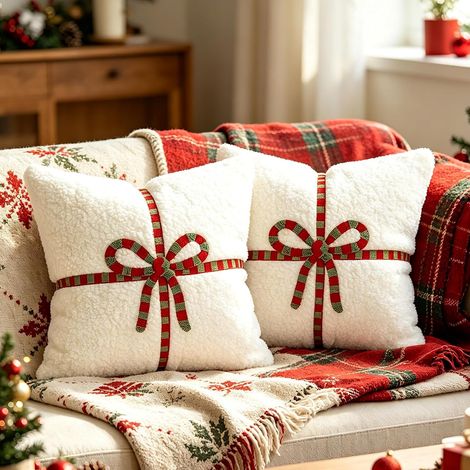 2 Housses de Coussin Noël Blanches 45 x 45 cm, Design Nœud Cadeau, Coussin Doux pour Canapé Chambre et FauteuilBlanc (1/5)