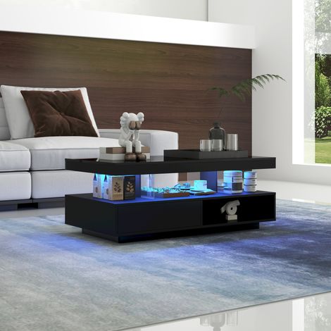Couchtisch mit LED, 2 Schubladen, 95x50 cm, Schwarz OKMYHOME (1/5)