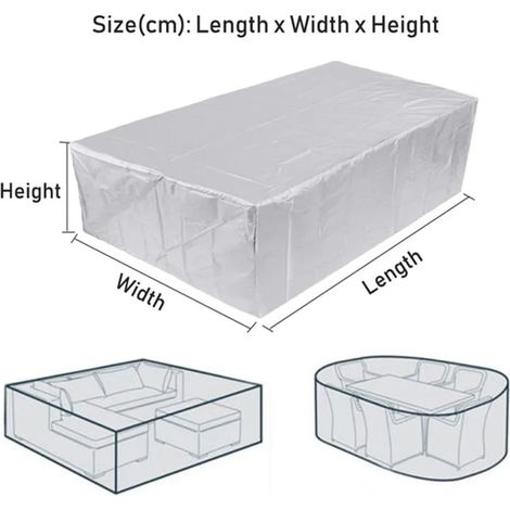 (210D Argent, 150 x 130 x 90 cm) Housse de protection imperméable et résistante pour mobilier de jardin rectangulaire, résistante à la pluie, à la neige et au vent, pour canapé, table et chaises. (1/3)