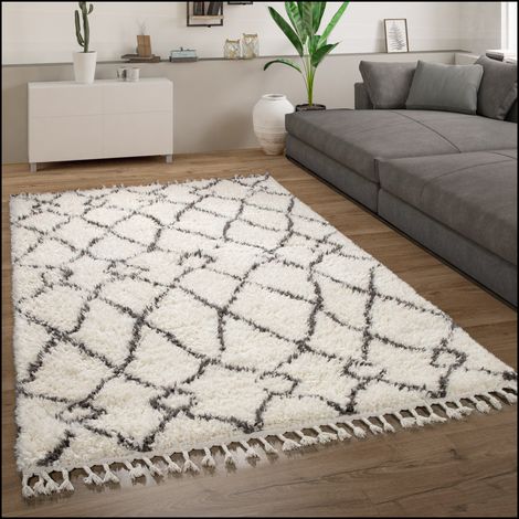 Paco Home Hochflor Teppich Wohnzimmer Shaggy Skandinavisch Fransen Flauschig Modern 120x170 cm, Creme