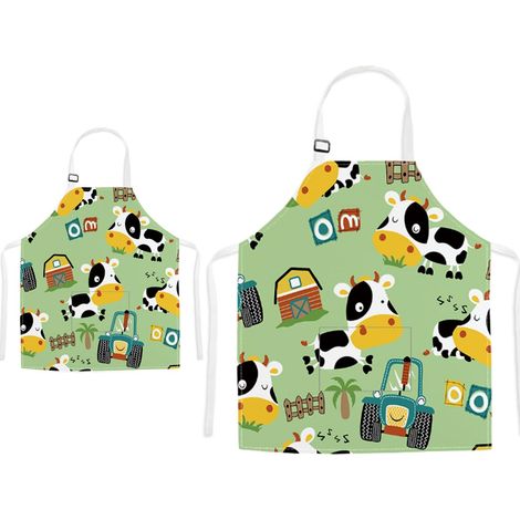 Ensemble de 2 tabliers assortis parent et enfant, motif vache mignon avec poche pour la cuisine, la pâtisserie et les loisirs créatifs, vert (1/5)
