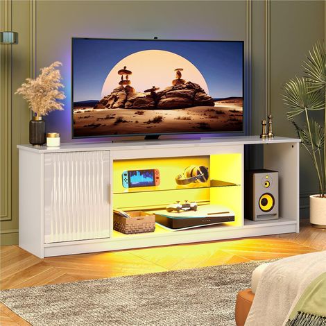 Meuble TV pour téléviseur 65 Pouces,Centre multimédia Gaming avec Support cannelé Brillant pour Console TV,étagères en Verre réglables, Blanc éclatant (1/5)