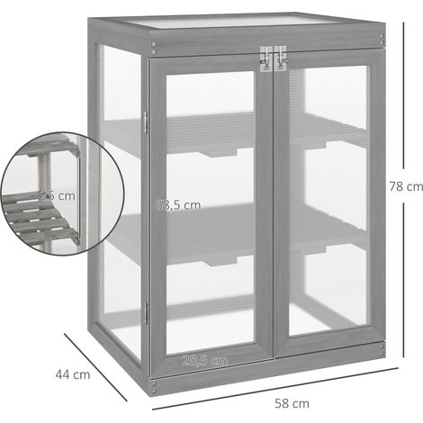 Serre 3 niveaux (planter précoce, serre de serre) : 2 portes en bois & polycarbonate, résistante à la météo, charge maximale 15 kg par étage, gris foncé (1/5)