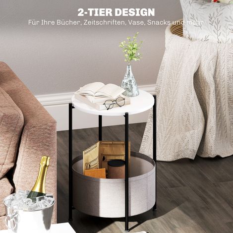 Table basse ronde à deux niveaux avec panier en tissu, design métal gris et blanc, pour salon, chambre ou petit espace.