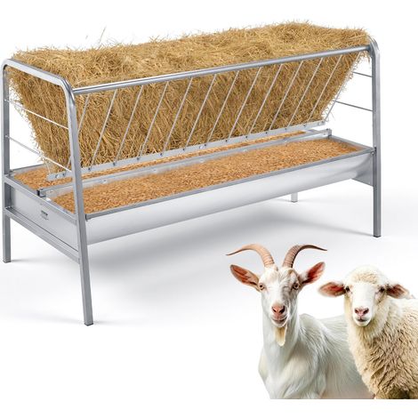 Râtelier Foin Chèvre 2 en 1 Mangeoire à Foin et à Grains 246 L + 105 L pour Chevaux Bétail Moutons Ovins Caprins aux Fermes Écuries Bergeries, Longueur 147 cm, avec Bac Profond, Cadre en Acier (1/5)