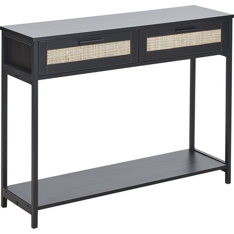 Consola 2 cajones frontal de ratán MDF negro patas de madera sala de estar dormitorio pasillo boho Opoco (1/5)