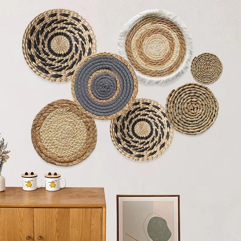 Lot de 7 Panier Muraux Bohème à la Main Osier Decoration Murale Decoration Murale en Rotin Ronde Rotin Décoration Murale Sets de Table pour Salle à Manger Chambre à Coucher Bureau (1/5)