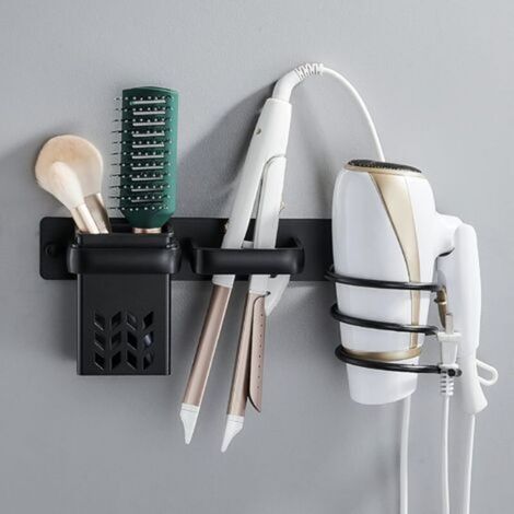 Black wall-mounted hairdryer holder with cable organizer and storage shelf, for bathroom, bedroom, hotel (1/5)