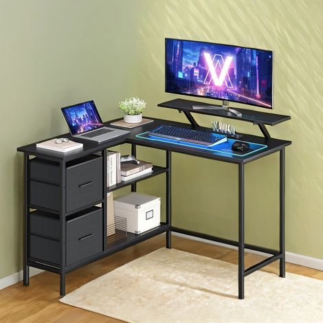 Bureau en Forme de L Avec 2 Tiroirs Spacieux, avec Support pour Écran, d'Angle, d'Ordinateur Avec Étagère Réglable, pour Bureau, Noir (1/5)
