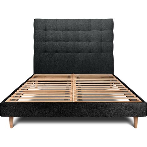 Lit 180x200cm avec tête de lit capitonnée bouclette et sommier kit Noir - Hauteur totale : 29cm (1/5)