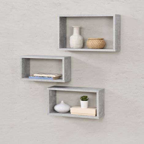 Set di 3 Mensole da Parete a Forma Rettangolare in Misure Diverse 3 Scaffali da Muro con 2 Ripiani Portaoggetti - Libreria - Effetto Cemento (1/6)