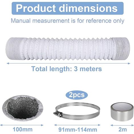Tuyau d'évacuation d'air 100 mm longueur 2,5 m blanc tuyau flexible en PVC avec 2 colliers de serrage en acier inoxydable et ruban adhésif de 2 m pour hotte sèche-linge climatisation (1/4)