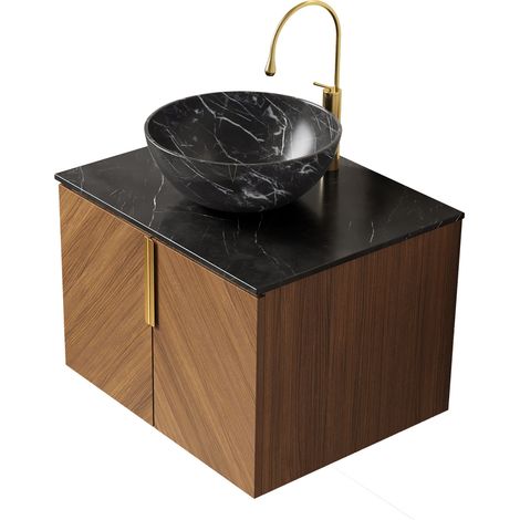 Mueble de baño suspendido 61 cm con lavabo cerámico negro y encimera de piedra sinterizada (1/5)