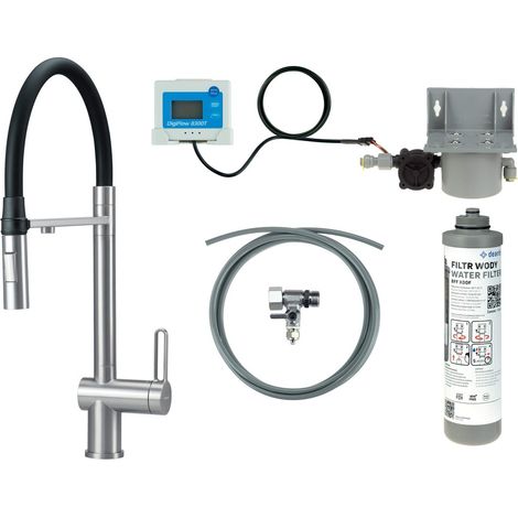 Miscelatore cucina in acciaio con kit filtro acqua e bocca elastica finitura acciaio spazzolato - Vora