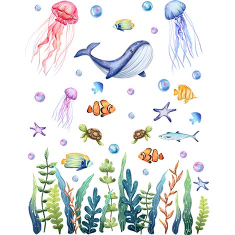 Decal Mural Sous-Marin - Poissons Requins Coraux Animaux Marins - Pour Chambre Bébé Salon Décoration Murale - 2 Feuilles 60 x 30 cm (1/5)